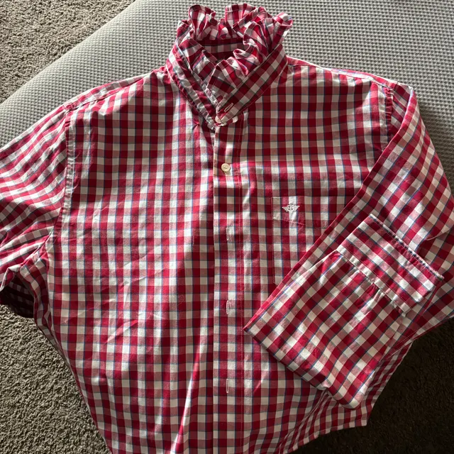 Red-and-white gingham button-up shirt with a ruffled collar and a small plane appliqué on the left chest